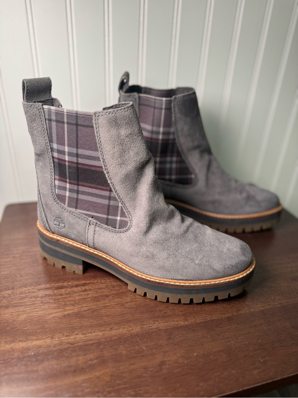 Timberland Women’s Blue/Gray Suede Chelsea Boots with Plaid Panel